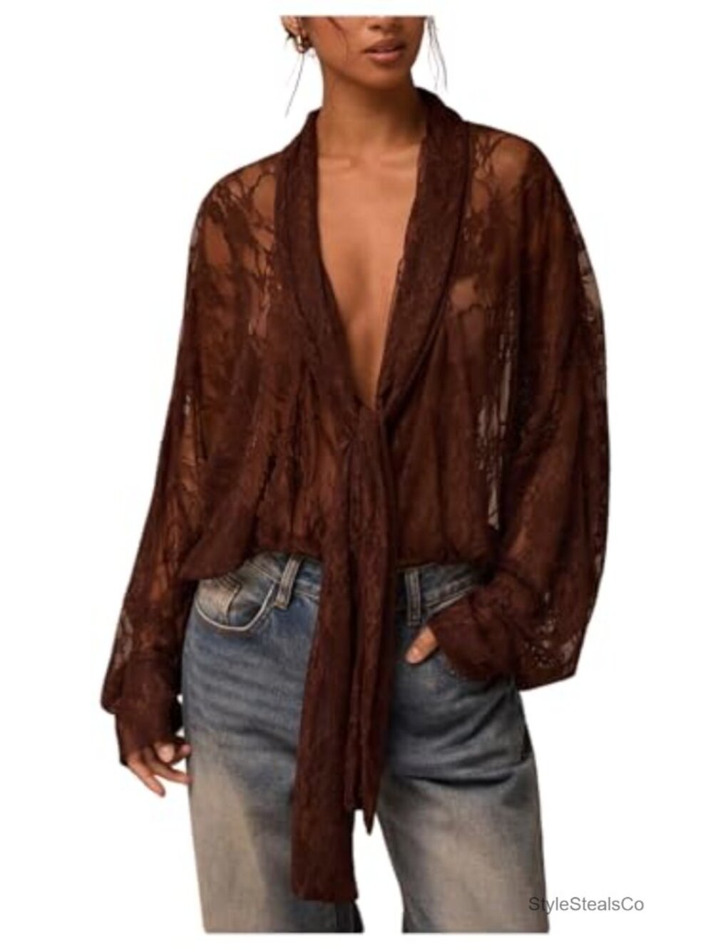 Sheer Mesh Lace Blouse Long Sleeve Tie Front Top